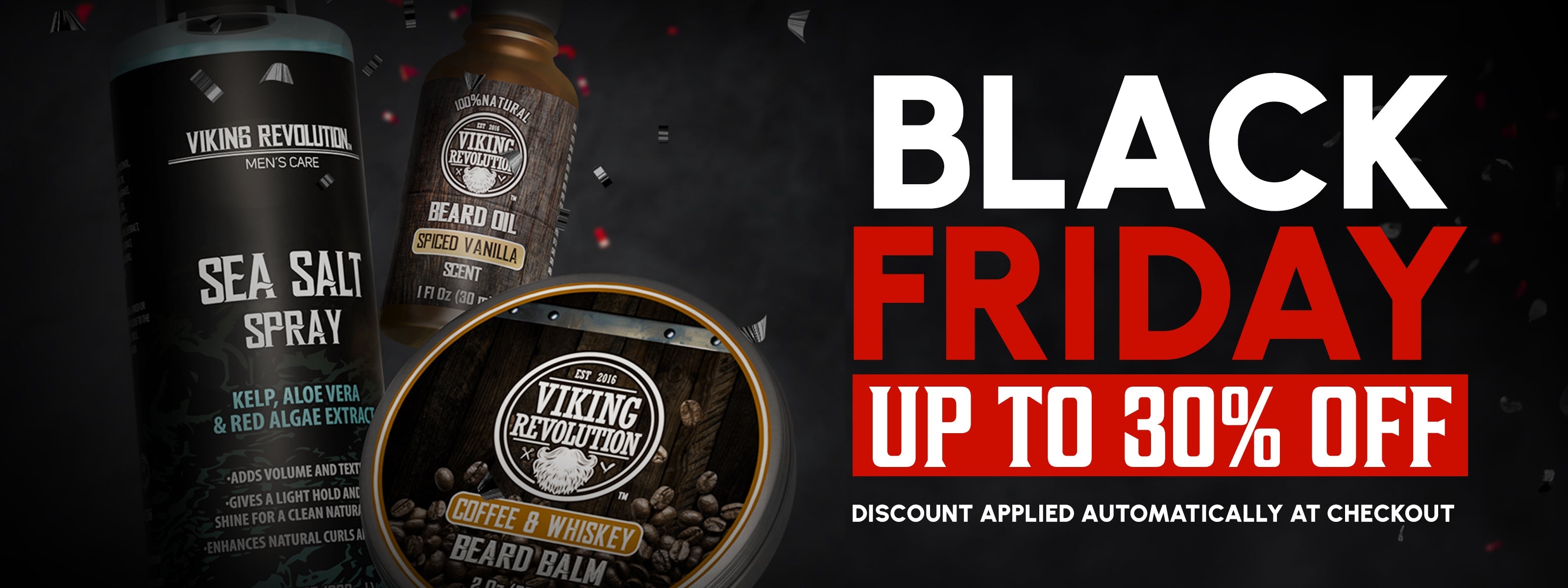 Viking Revolution men’s grooming products with “Black Friday Up to 30% Off” deal and “Exclusive on our site” text.