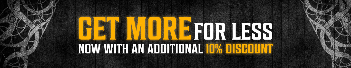 Text reads: “Get more for less. Now with an additional 10% discount.” Black background with patterns.