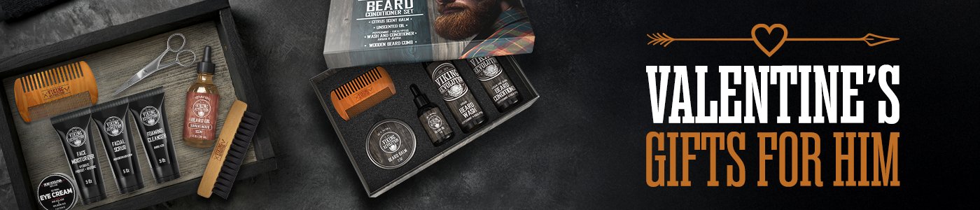 Valentines Day grooming gift set for men, featuring beard care products and tools. Shop Now call to action.