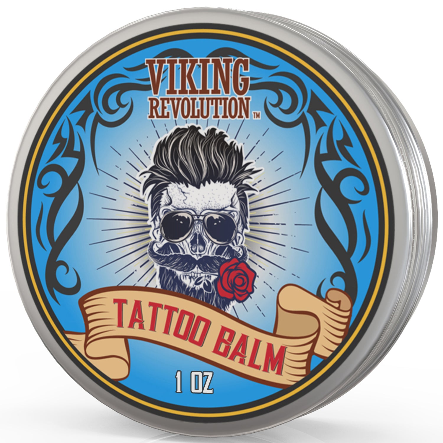 Viking Revolution Tatto Balm for skin recovery, featuring a bearded skull with rose design.
