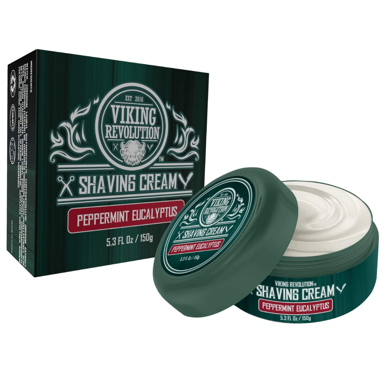 Shaving Cream - Peppermint & Eucalyptus (5.3 fl oz) for sensitive skin, with box and open container.