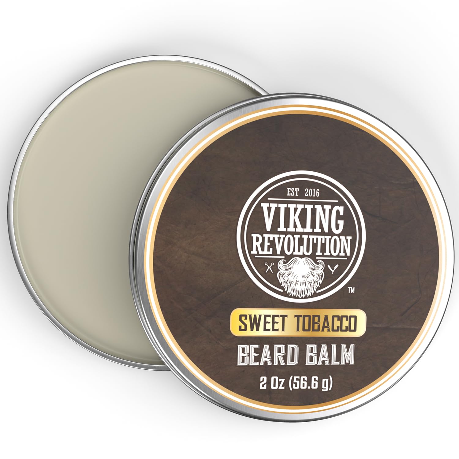 Open tin of Sweet Tobacco Beard Balm (2oz) with lid displaying the brand label.