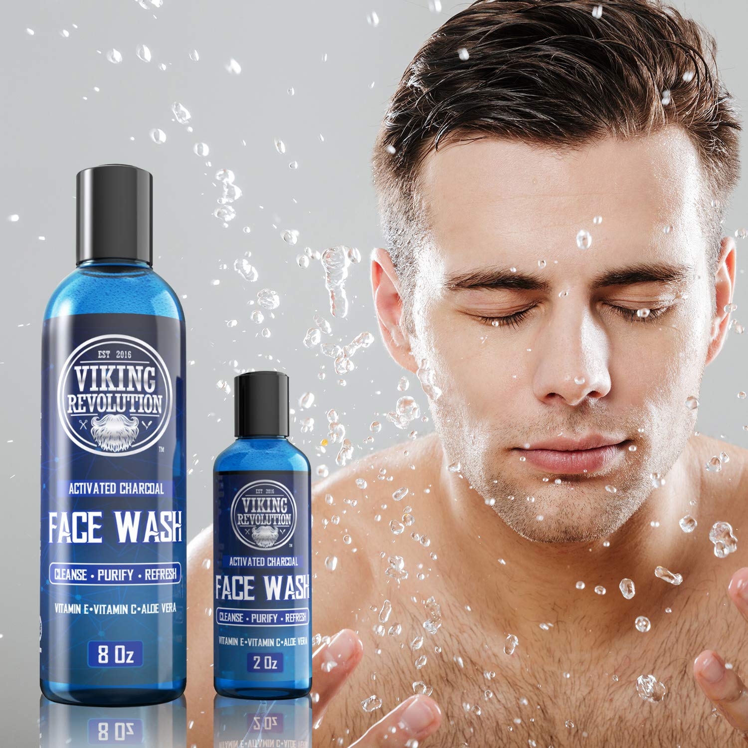 Man washing face with water next to Viking Revolution Charcoal Face Wash - 8oz + 2oz bottles.