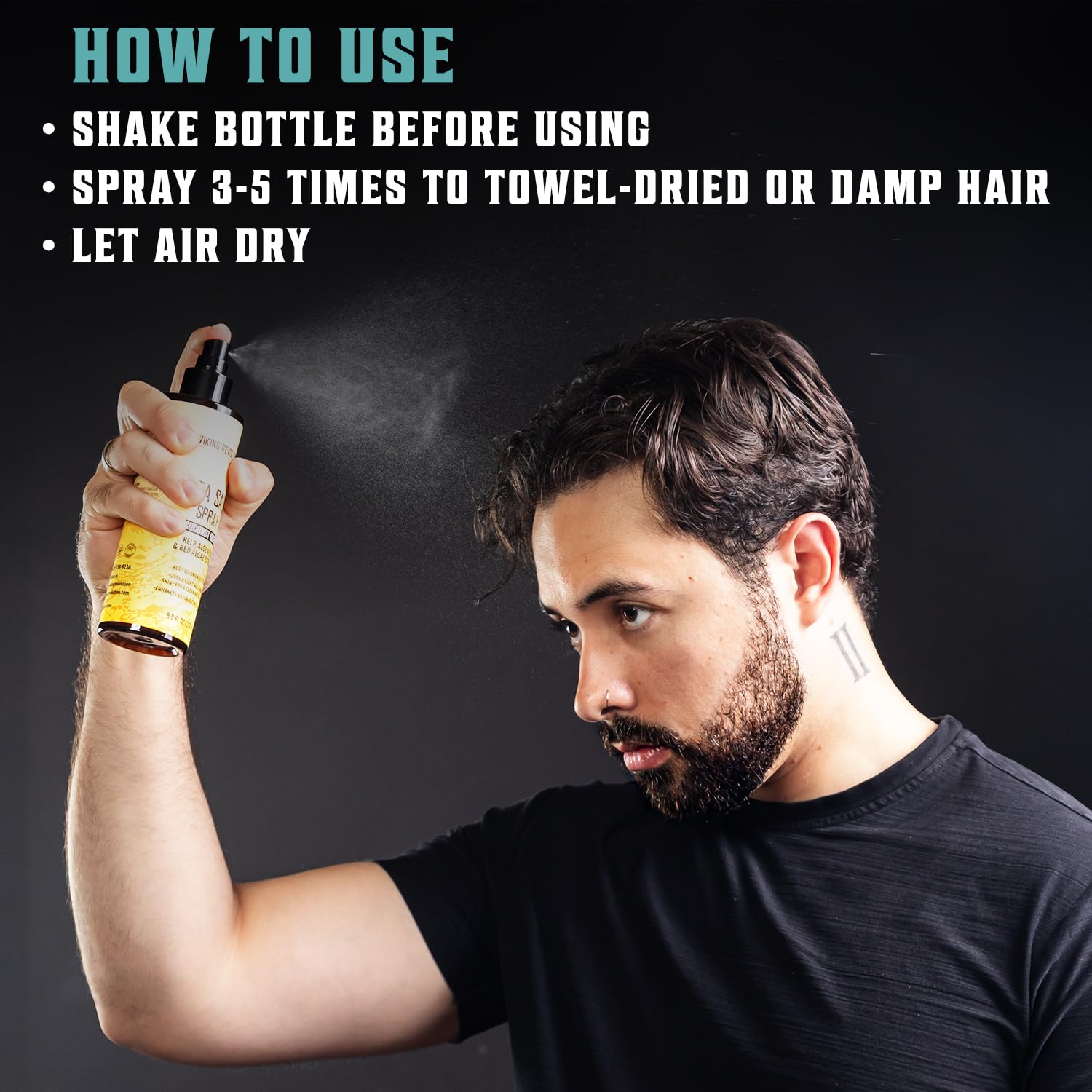 Man spraying Sea Salt Spray for Hair, Ocean Breeze & Coconut, 2 Pack, on damp hair; instructions on left.