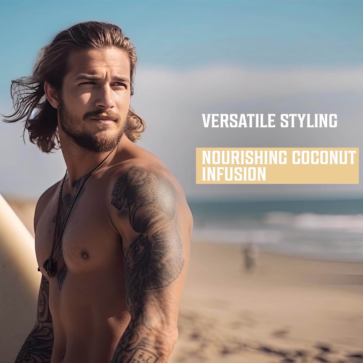Shirtless man with long hair shows off volume using Sea Salt Spray for Hair - Ocean Breeze & Coconut.