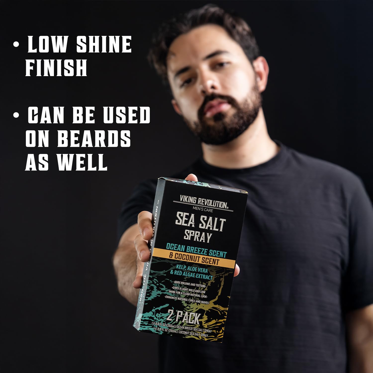 Man holds Sea Salt Spray for Hair 2 pack; text highlights volume and beard use, Ocean Breeze & Coconut.