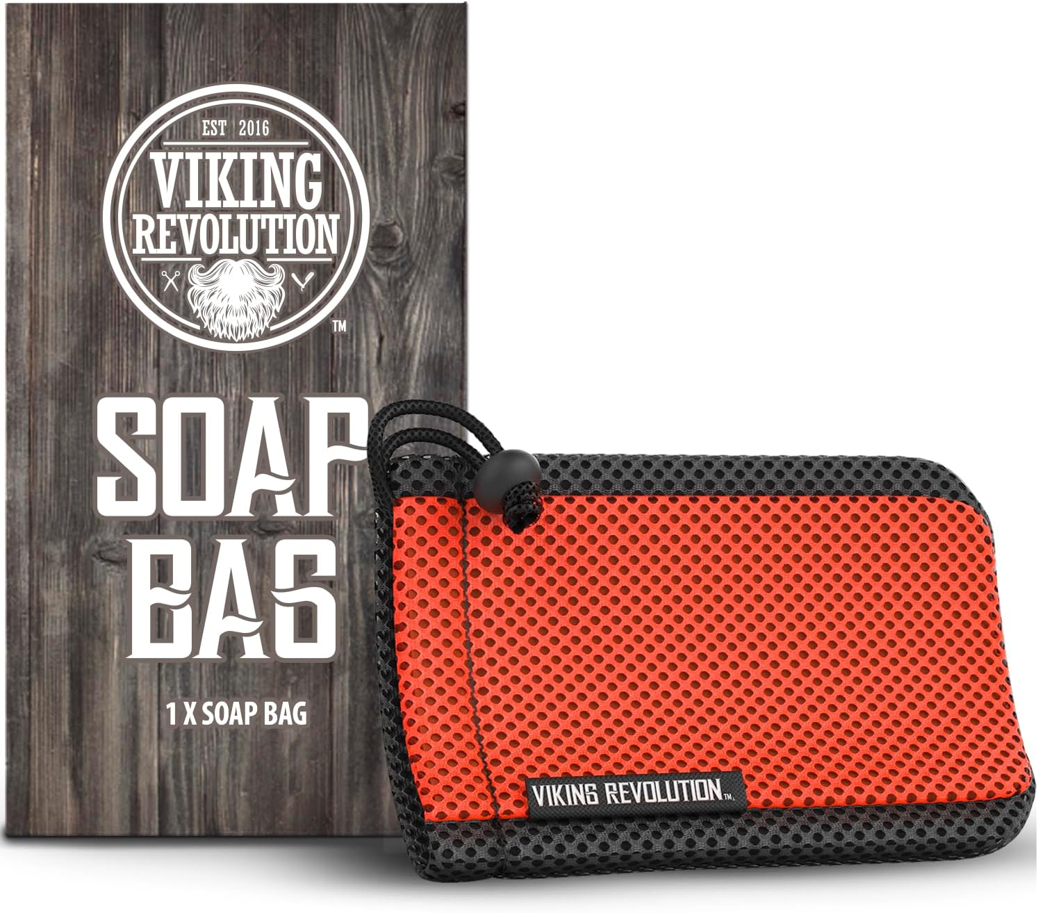 Soap Bag in orange and black by Viking Revolution, shown beside its branded packaging box.