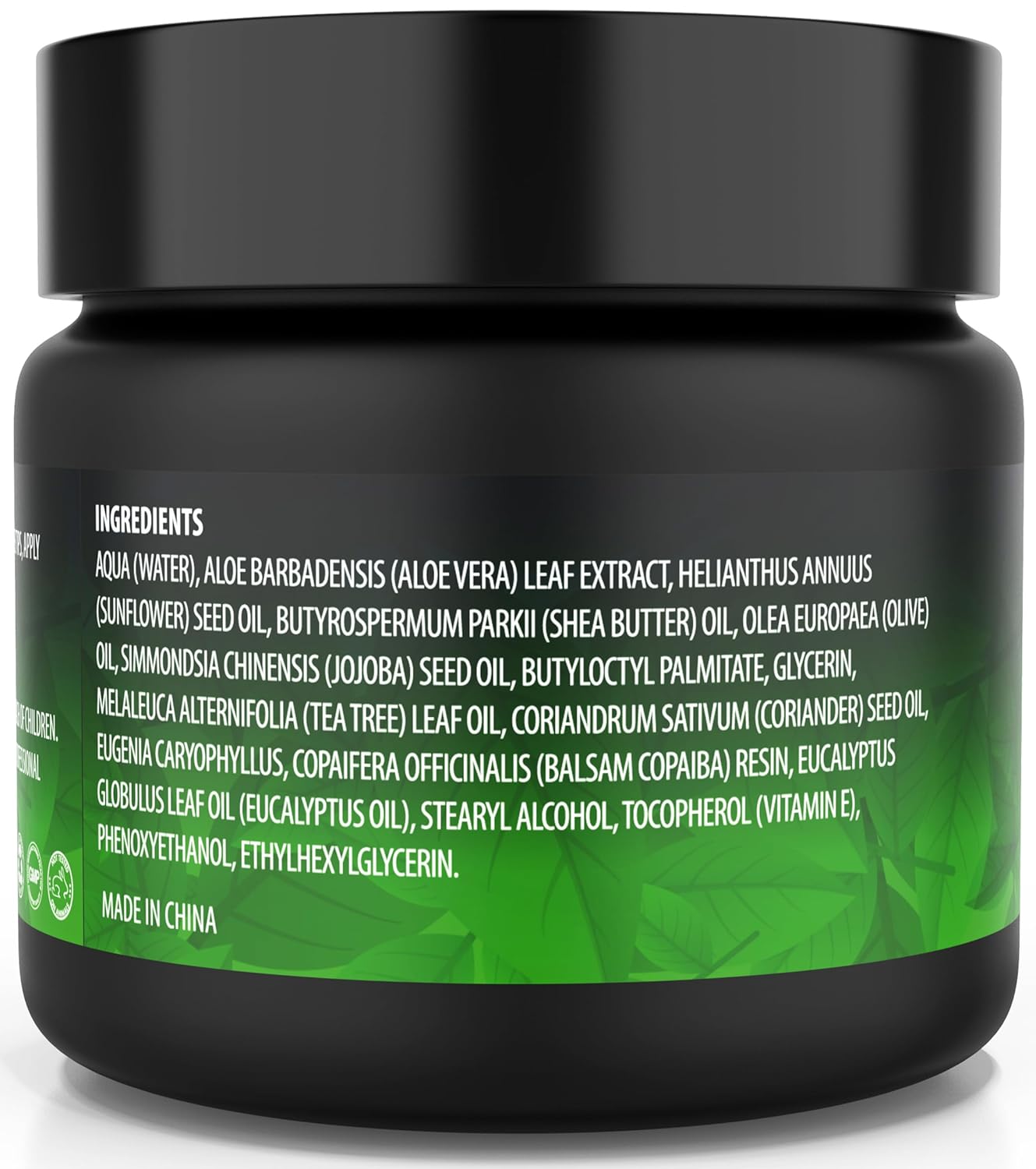 Tea Tree Oil Cream in a black jar with a label listing aloe vera, shea butter, and more naturals.