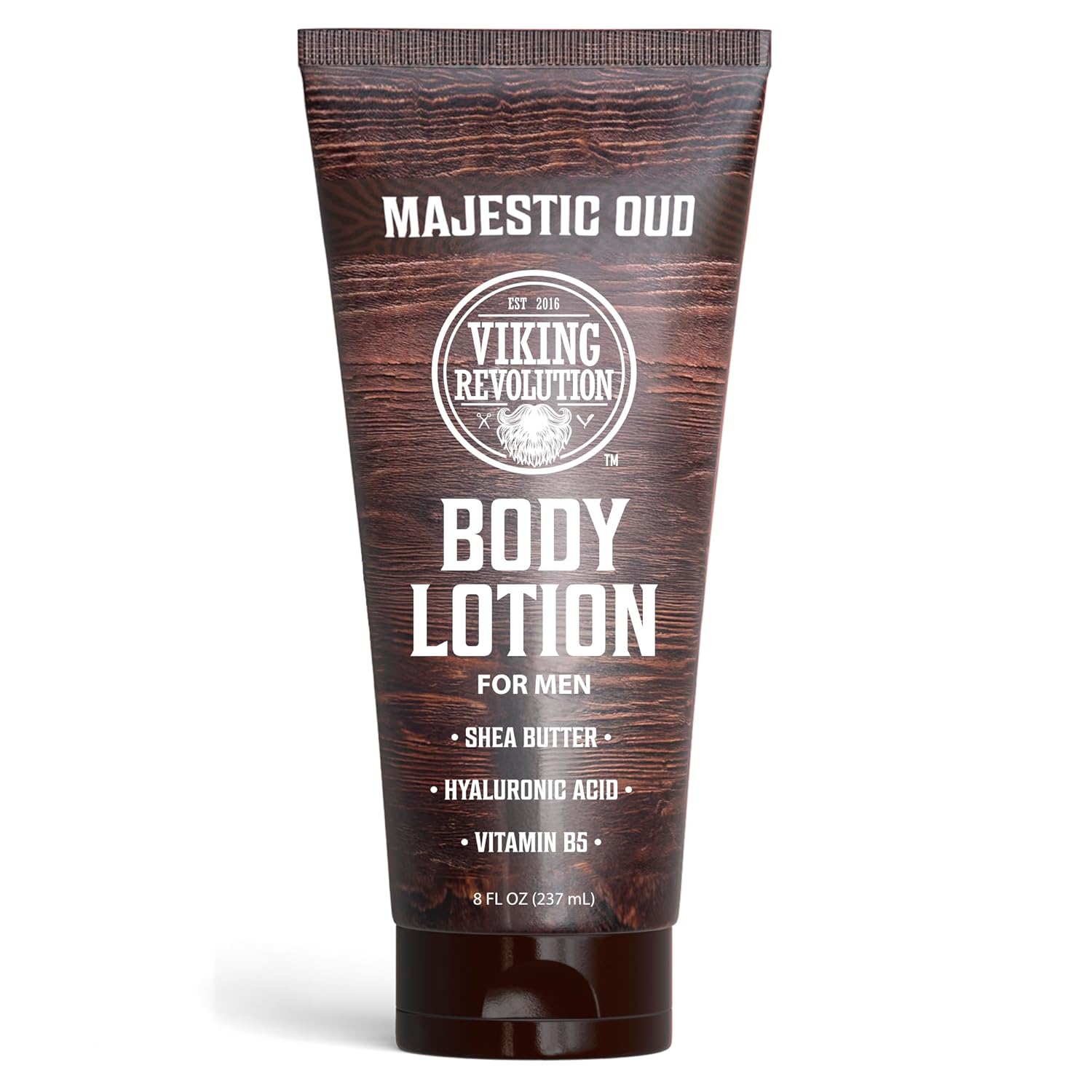 A tube of Viking Revolution Body Lotion for Men - Majestic Oud with shea butter for dry skin.