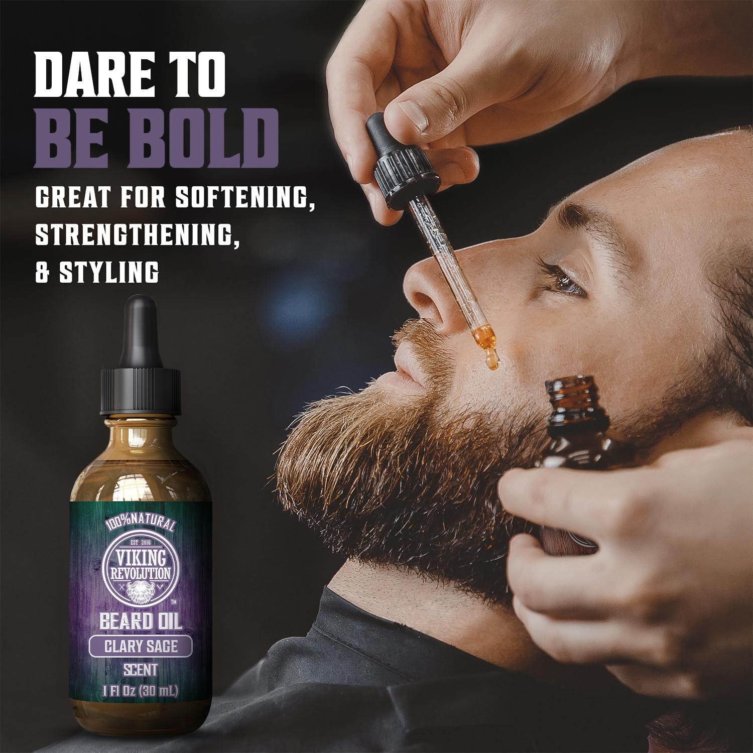 A man applies Clary Sage Beard Oil, enriched with organic jojoba oil, to his beard.