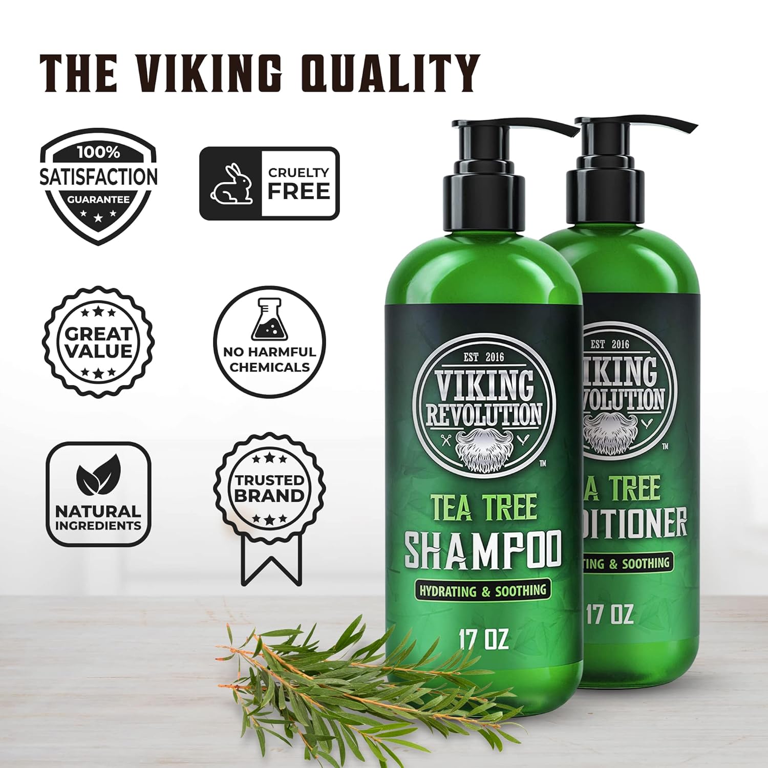 Tea Tree Oil Shampoo & Conditioner Set (17oz) in green bottles with tea tree and anti-dandruff benefits.