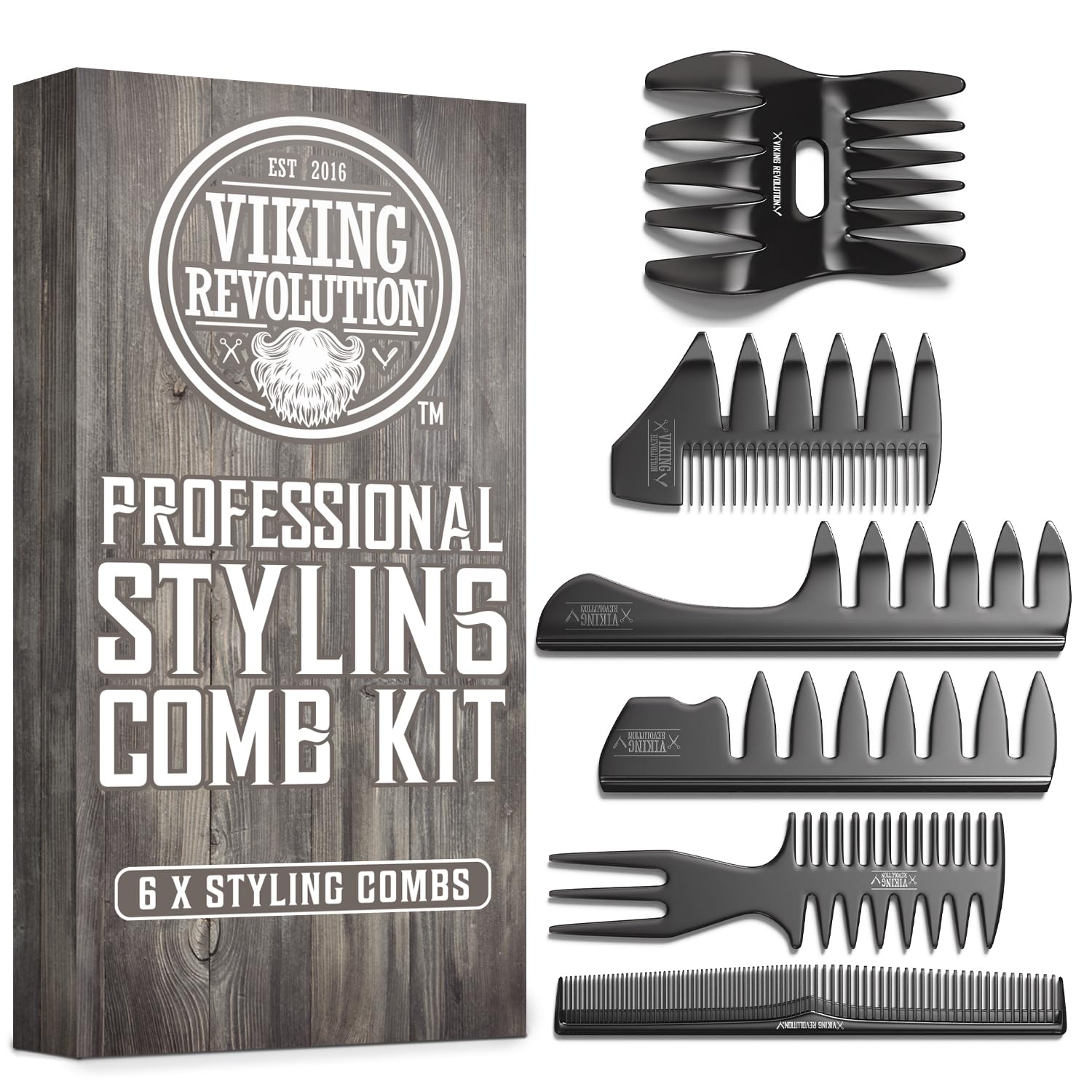 Styling Hair Combs (6 pieces) set with six black beard and hair combs for men displayed in box.