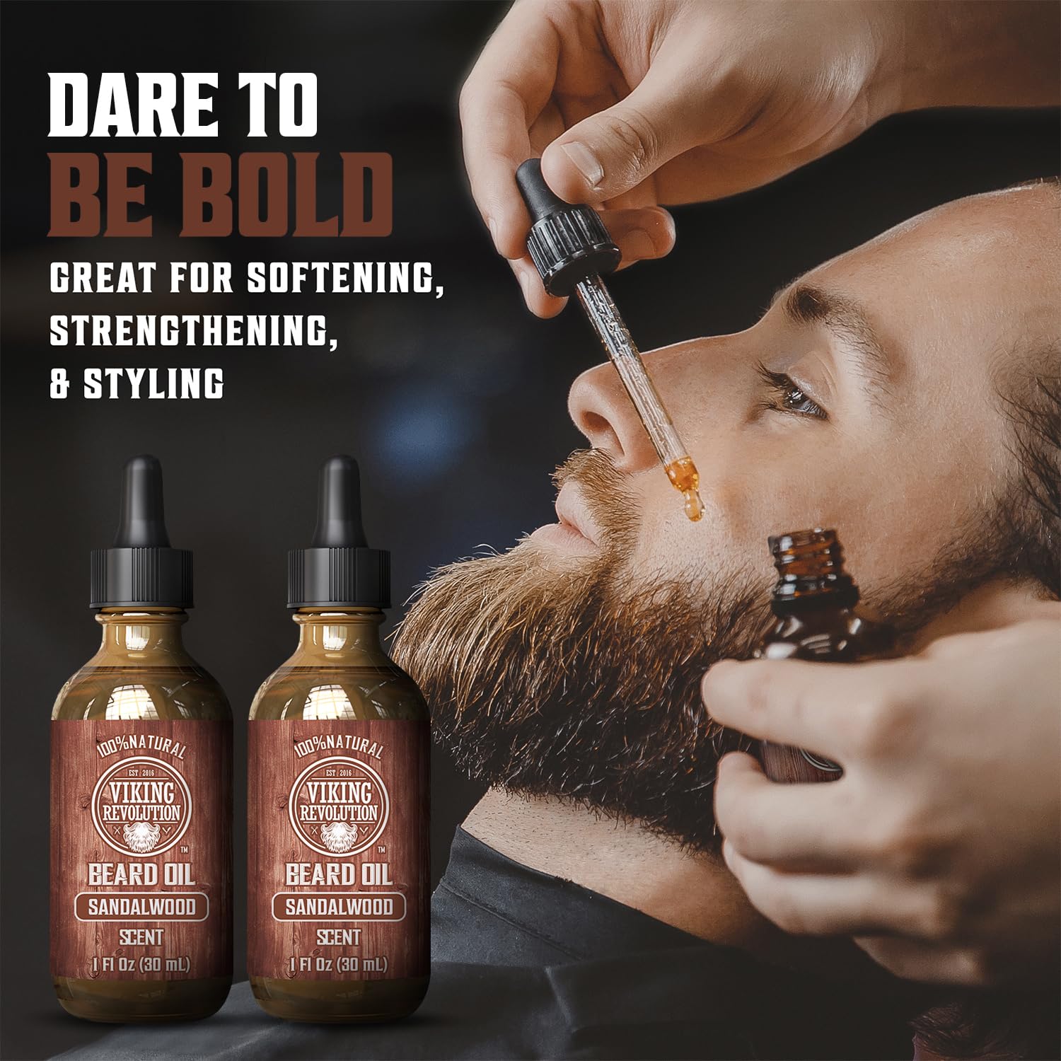 A man applies Sandalwood Beard Oil - 2 Pack; two bottles of organic beard oil are shown.