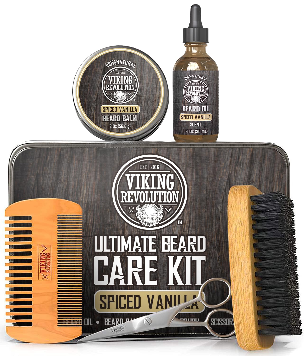 Beard Kit Spiced Vanilla with beard oil, brush, comb, balm, and scissors.