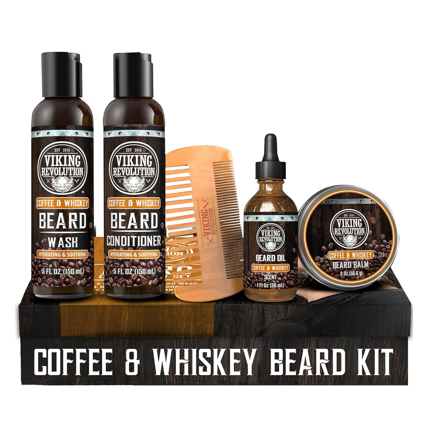 Beard Grooming Kit with sandalwood wash, oil, balm & comb—coffee & whiskey scent by Viking Revolution.