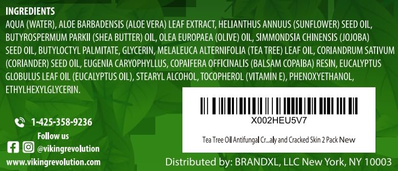 Ingredients label for Tea Tree Oil Cream - 2 Pack with contact info, barcode on green leafy background.