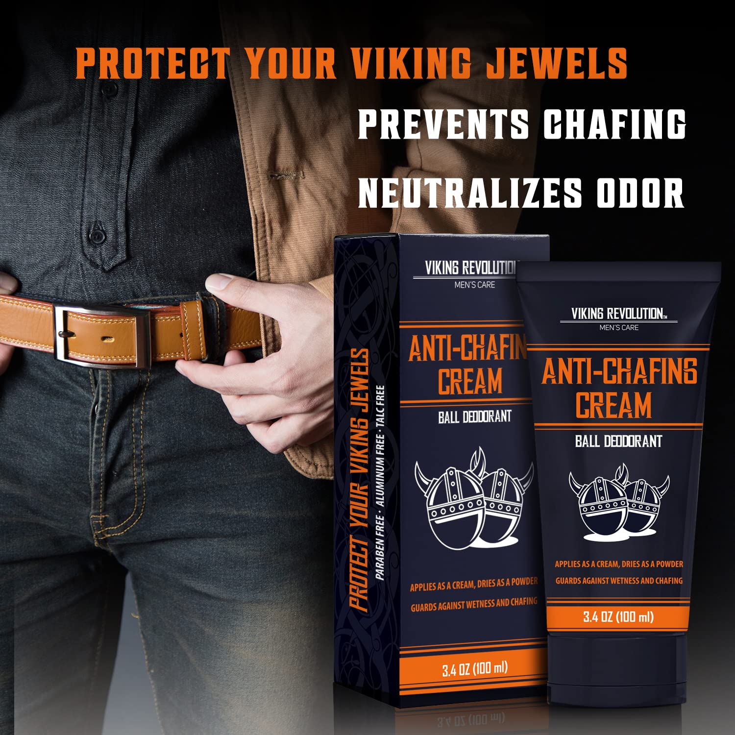 Man adjusting belt next to Ball Deodorant and box, highlighting bold benefits of anti-chafing powder.