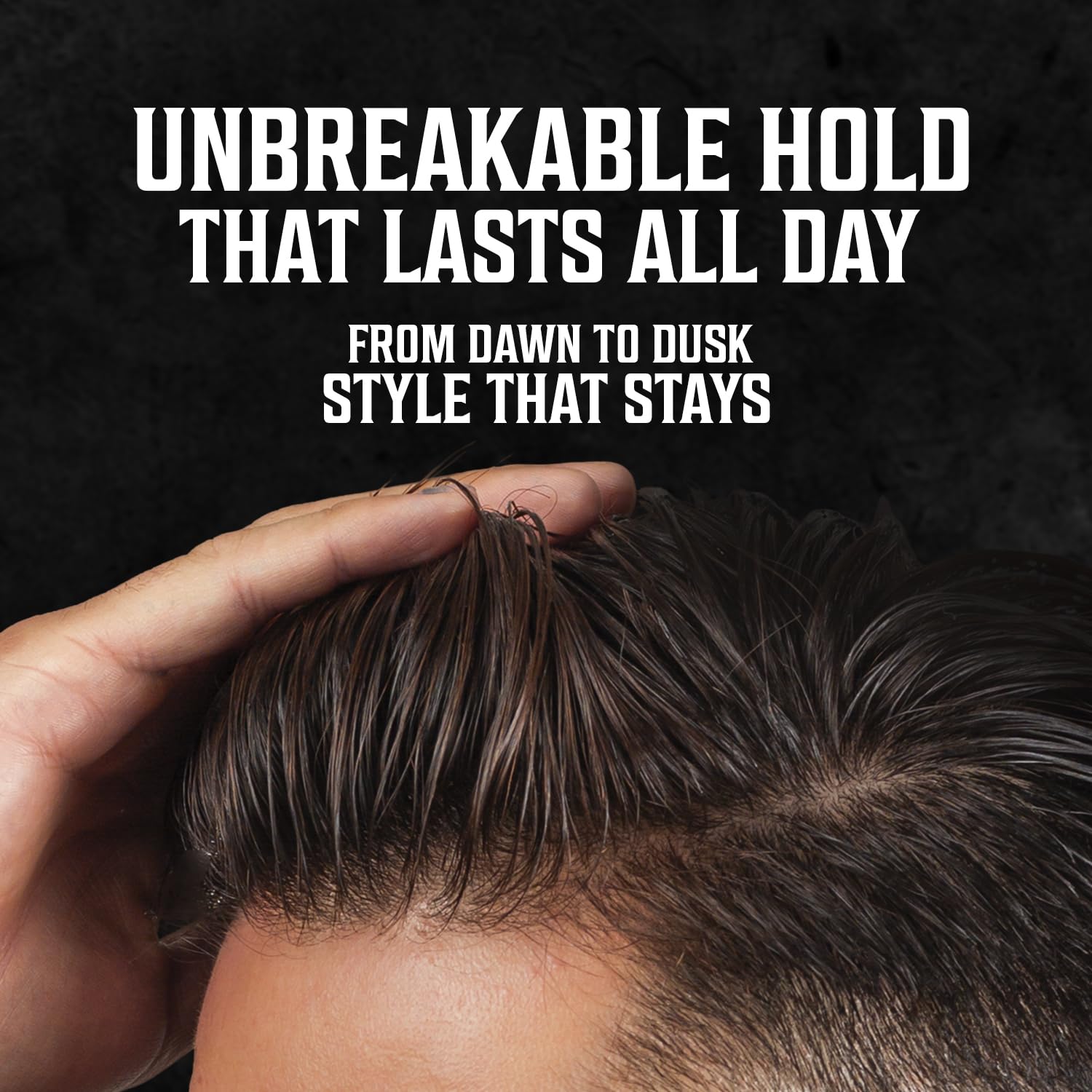 Styling dark hair with Sandalwood Hair Pomade: unbreakable, all-day hold from dawn to dusk.