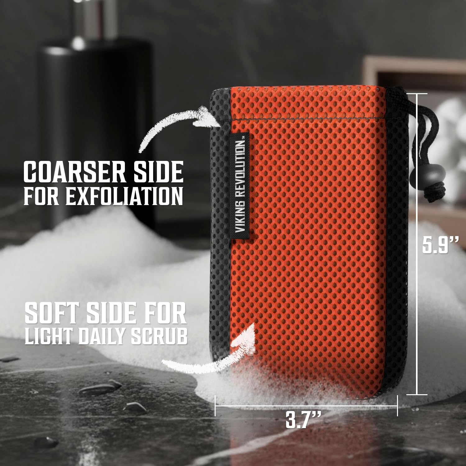 Soap Bag in orange and black mesh, labeled as exfoliating sponge with measurements listed.