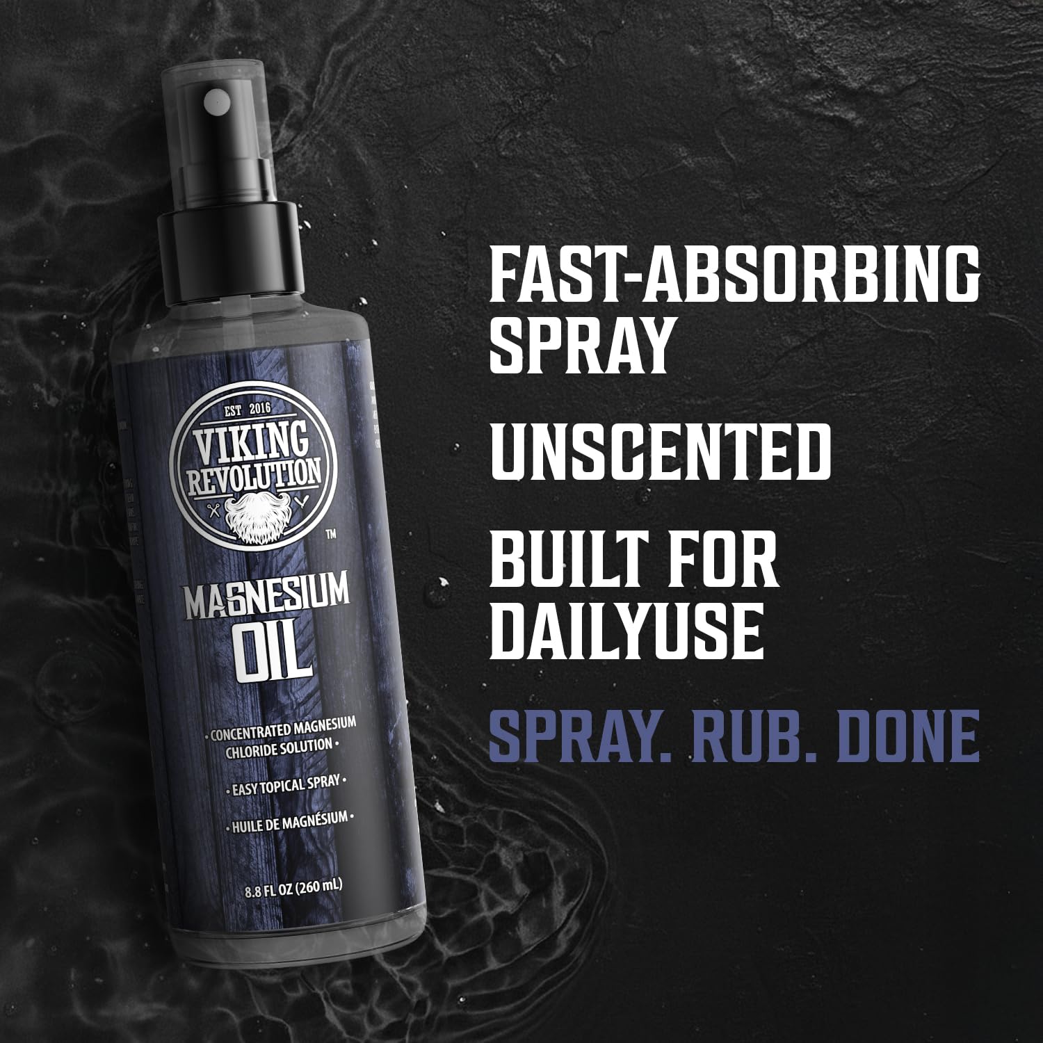 Magnesium Oil (8.8 fl oz) spray bottle on a dark surface with listed product benefits beside it.