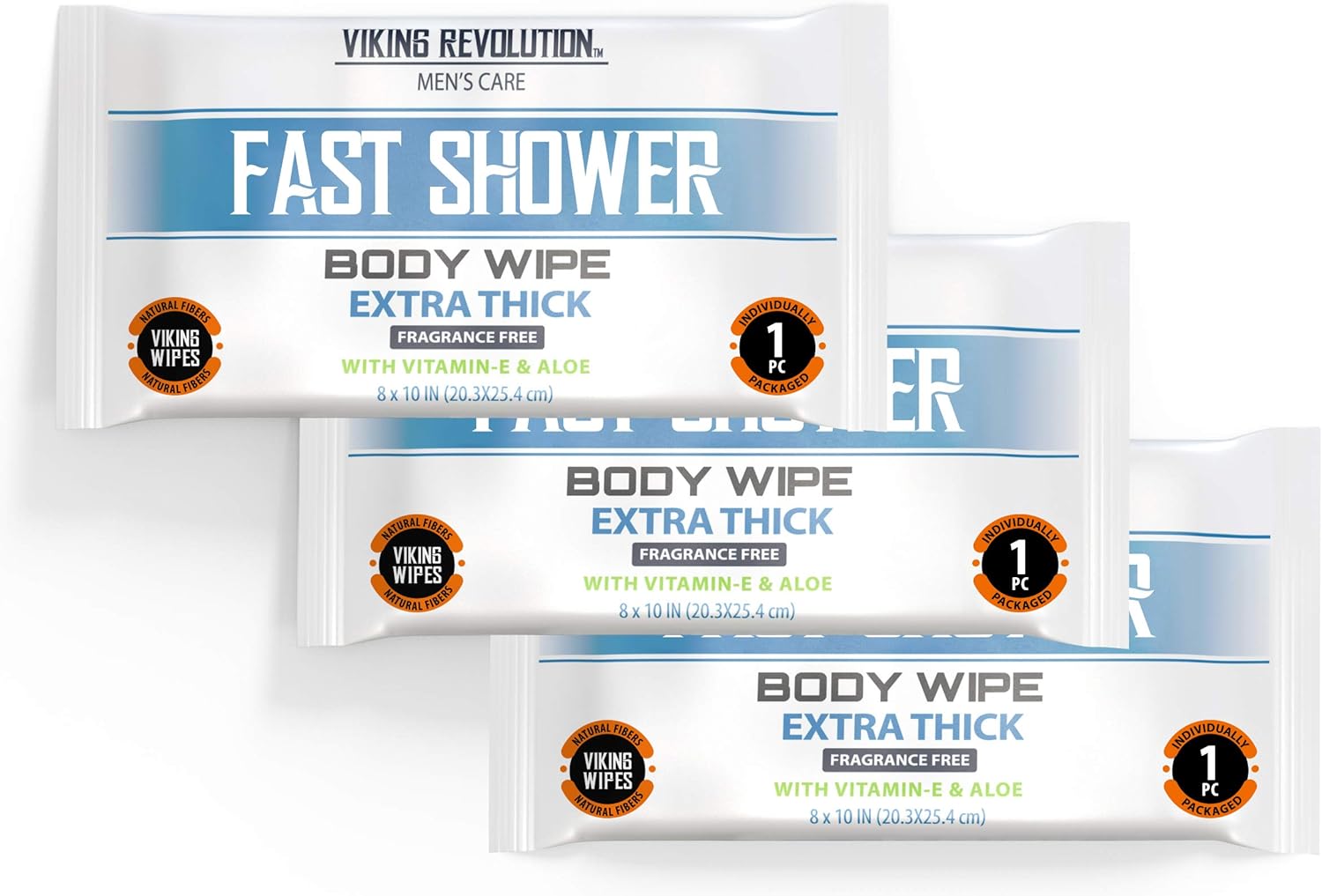 Three packs of Body Wipes w/ Vitamin E & Aloe - 12 Pack, labeled FAST SHOWER.