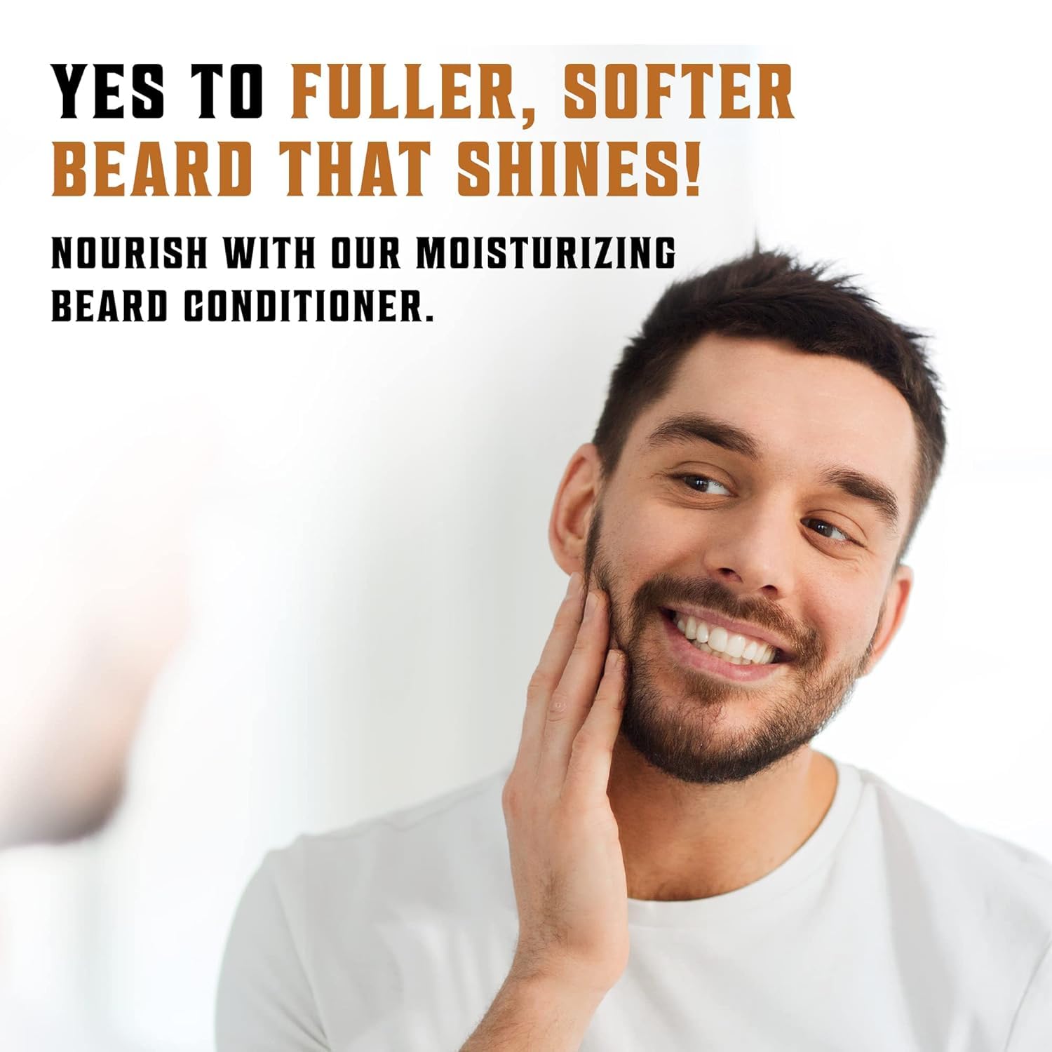 Man smiling and touching his beard, featuring Sandalwood Beard Wash & Conditioner Set - 5oz.