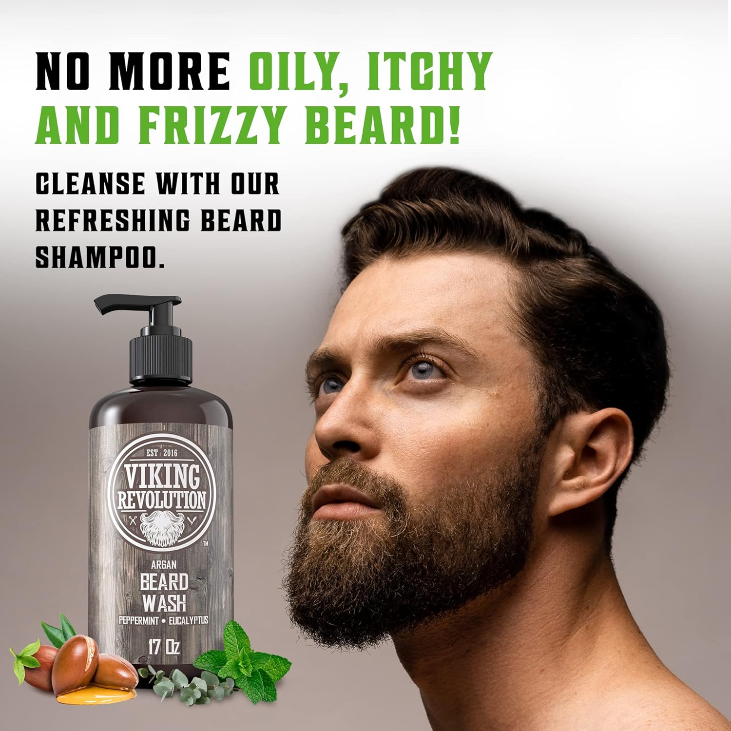 A bearded man looks up beside a Peppermint & Eucalyptus Beard Wash & Conditioner Set - 17oz.