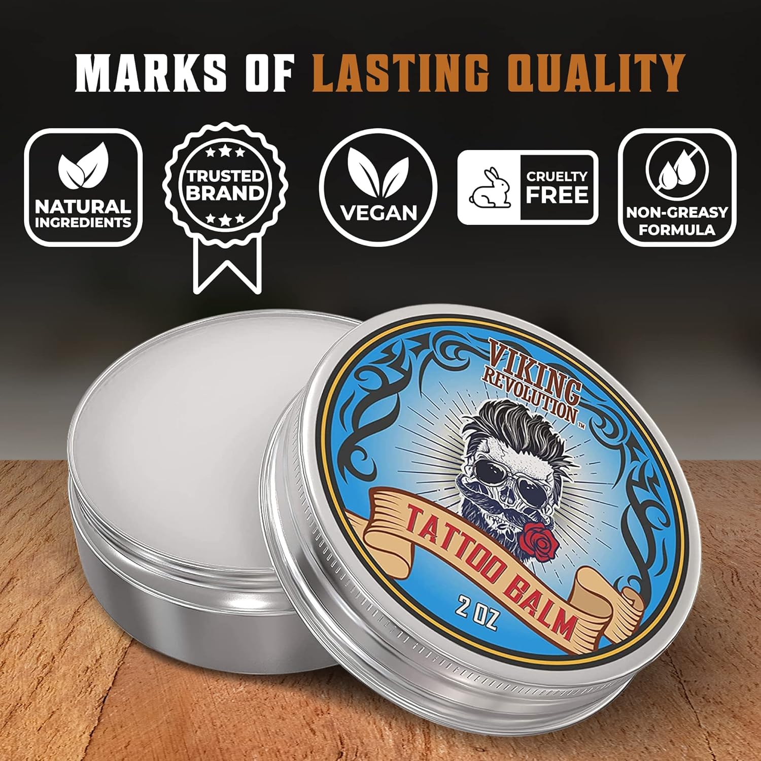Tattoo Care Balm - 2 Pack on wood—premium tattoo healing cream with quality ingredients.