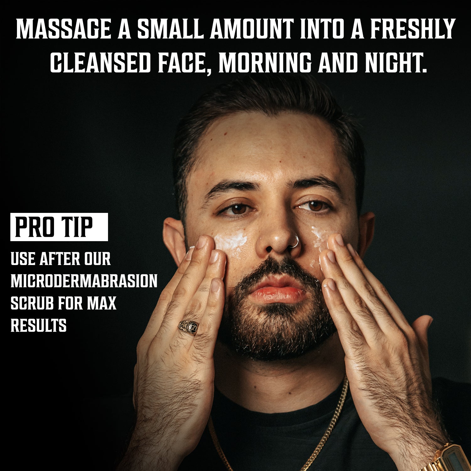 Man applying Anti-Aging Face Cream for Men 2oz; text provides skincare routine instructions.
