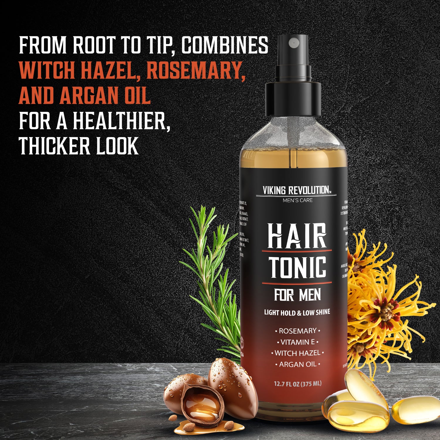 Hair Tonic Men (12.7oz) with rosemary, argan nuts, and witch hazel on dark background for mens hair care.