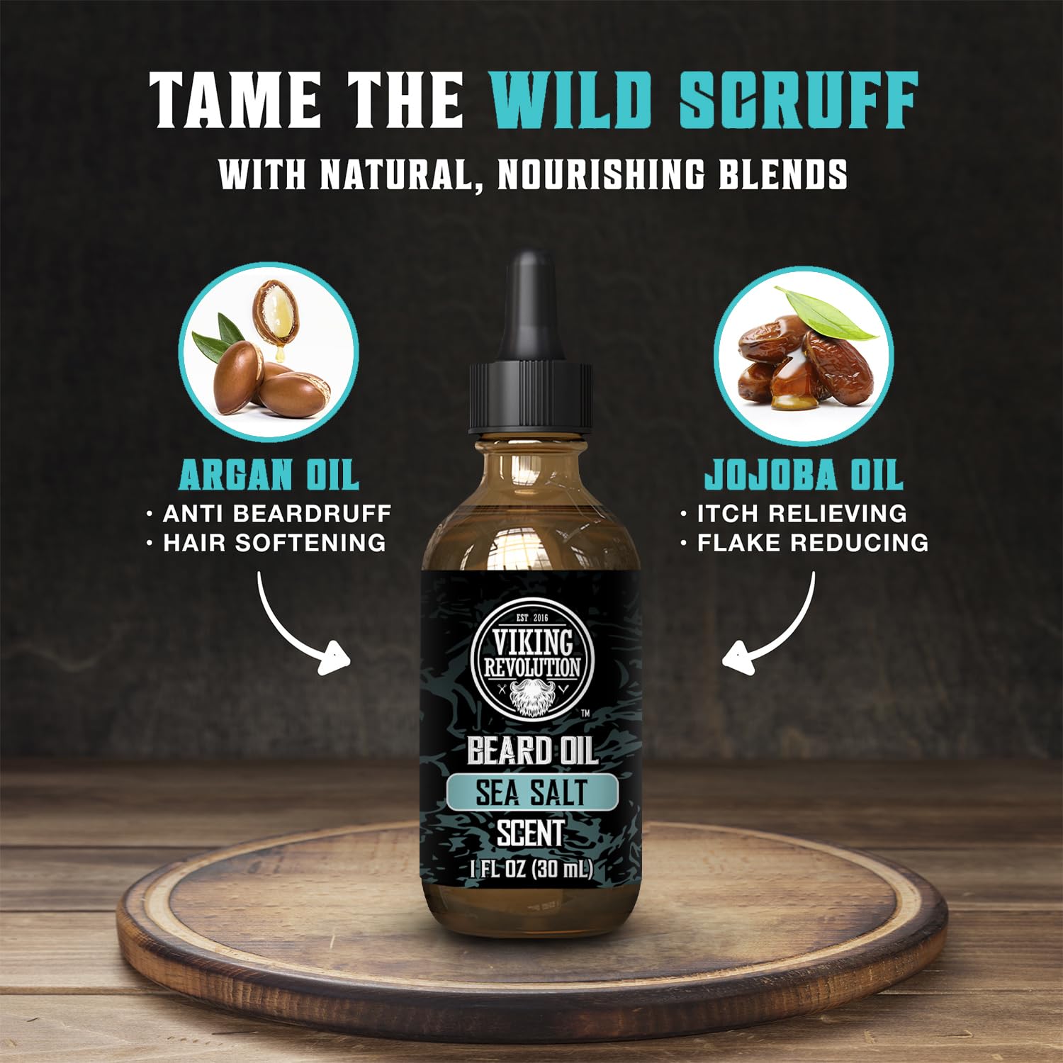 Sea Salt Beard Oil with argan and jojoba oils on a wooden surface.