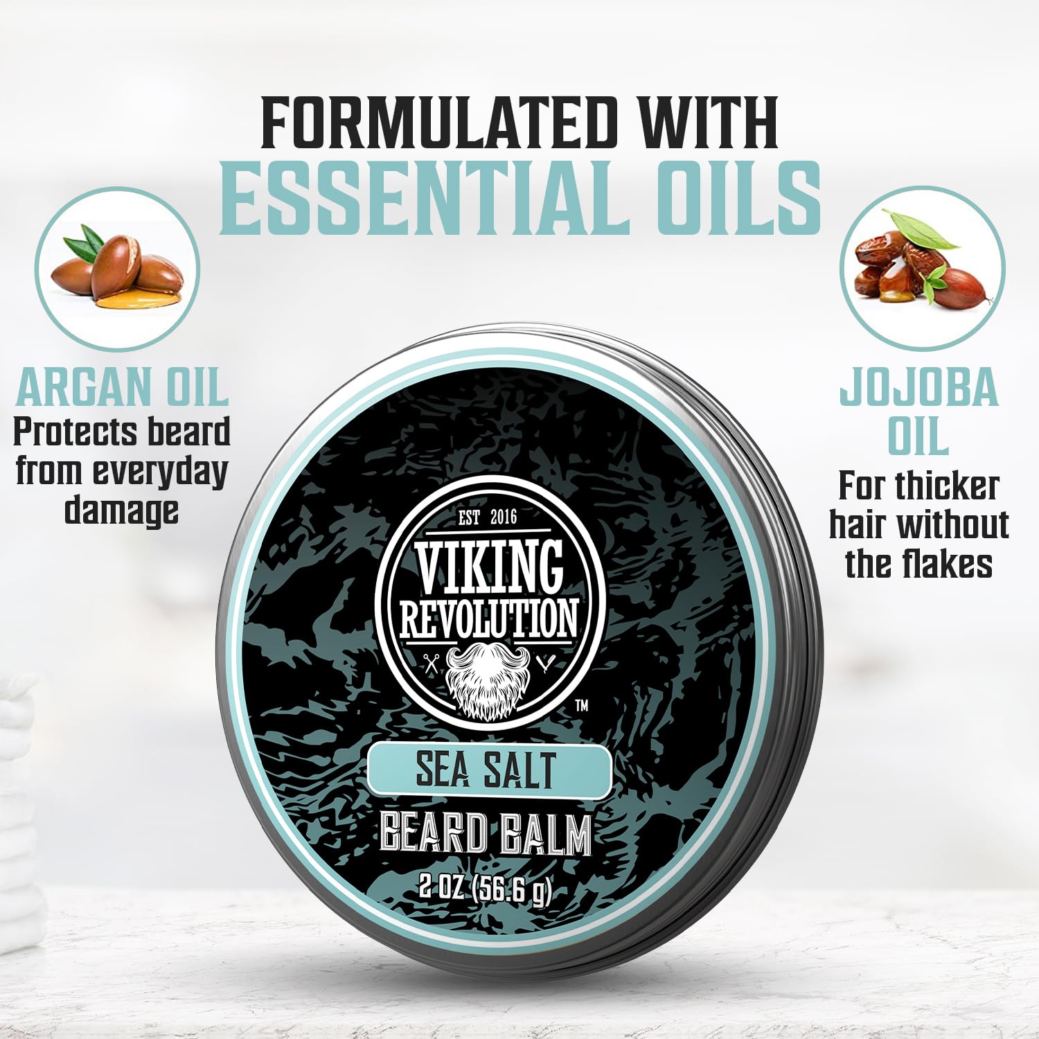 Sea Salt Beard Balm (2 oz) with essential oils, argan, and jojoba for natural beard care benefits.