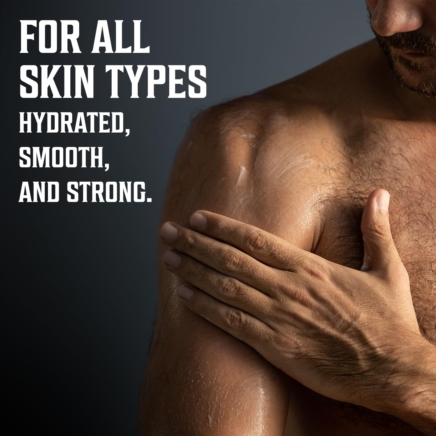 A man applies Body Lotion for Men - Magestic Oud; text reads: For all skin types. Hydrated, smooth, strong.