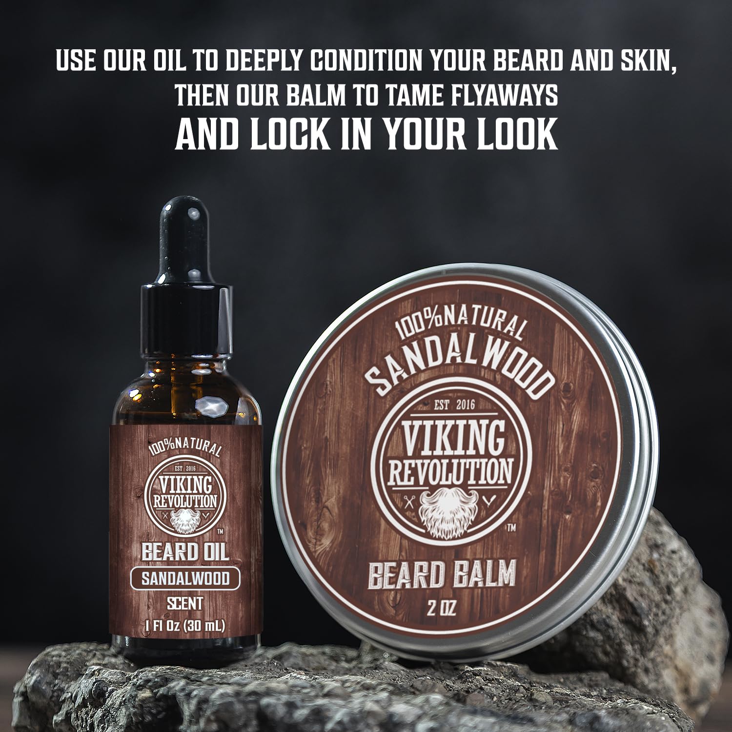 Sandalwood Grooming Kit—premium beard care set with instructions shown above.