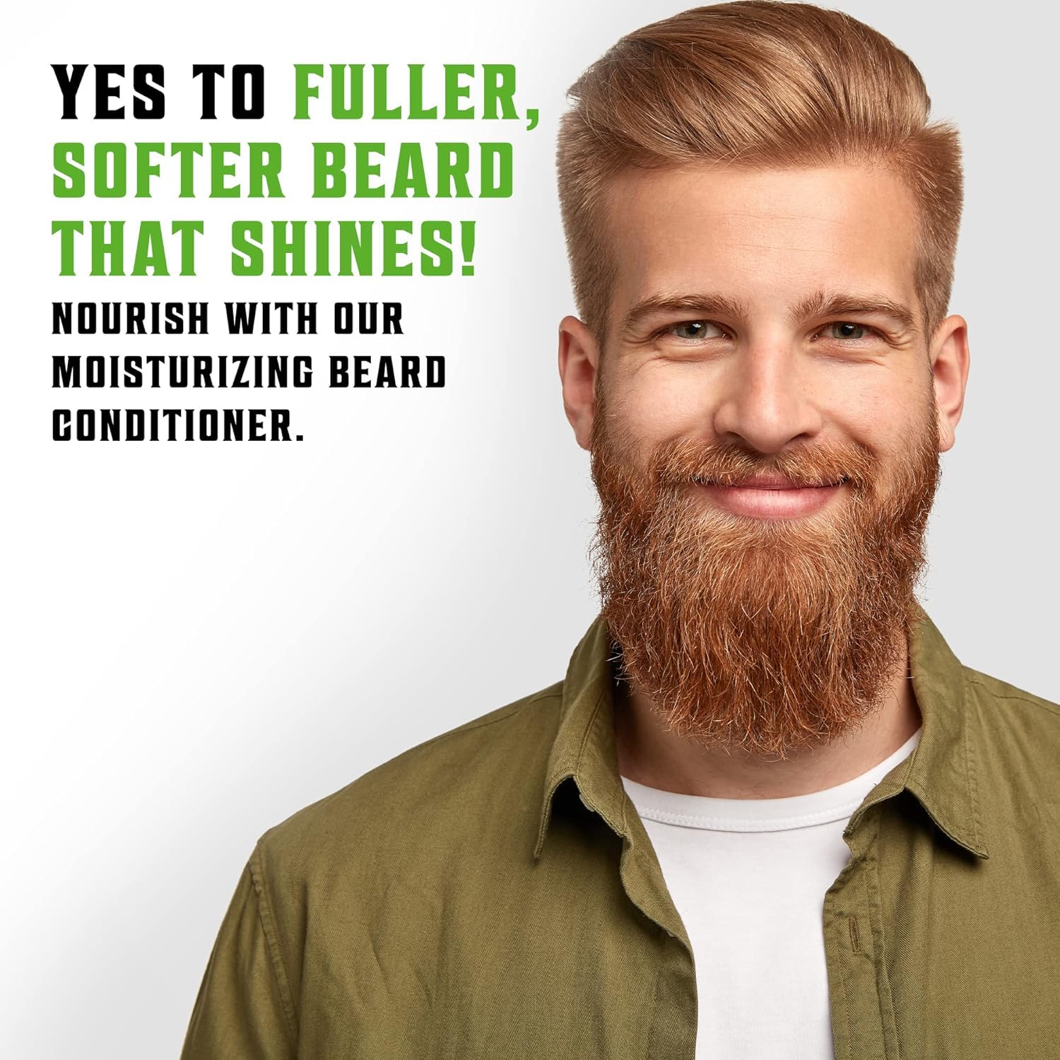 Smiling man with a groomed beard beside text promoting Peppermint & Eucalyptus Beard Wash & Conditioner Set.