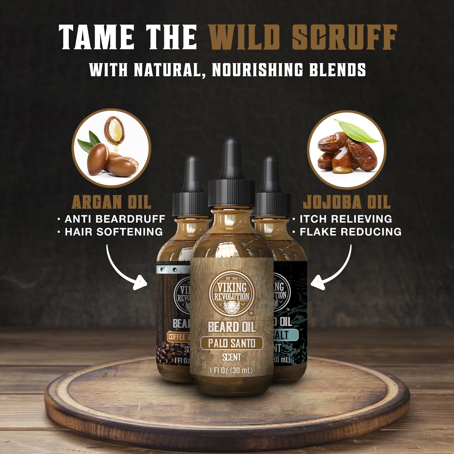 Three-pack beard oil mix (Coffee & Whiskey, Palo Santo, Sea Salt) for grooming with argan & jojoba.