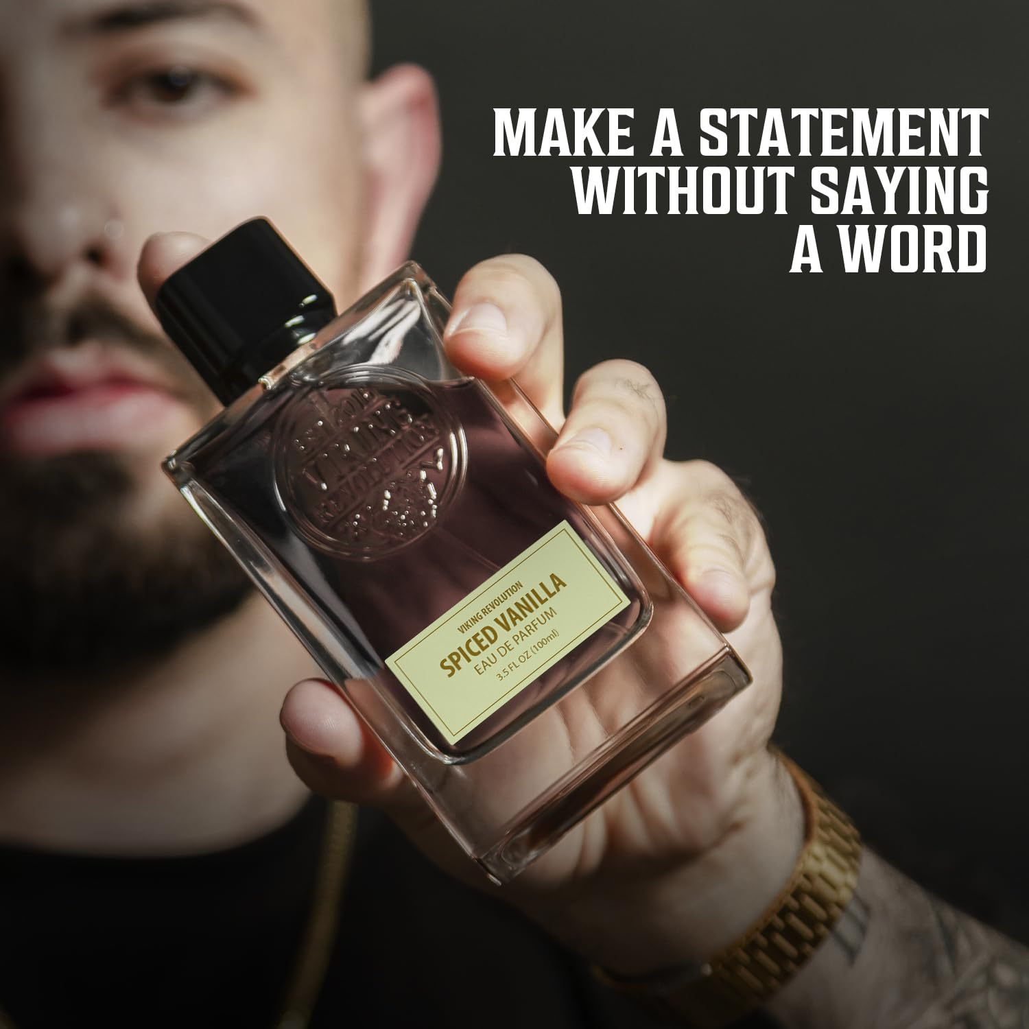 A person holds Spiced Vanilla Perfume (3.5 fl oz); text: Make a statement without saying a word.