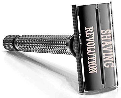 Close-up of the black Viking Revolution razor, promising a precise shave with Shaving Revolution engraved.