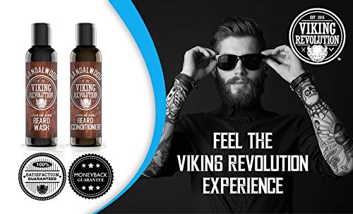 A man with a beard and tattoos, wearing sunglasses, showcases Viking Revolution's range of facial haircare products. Among them, their standout product is the 10oz Sandalwood Beard Wash & Conditioner Set.