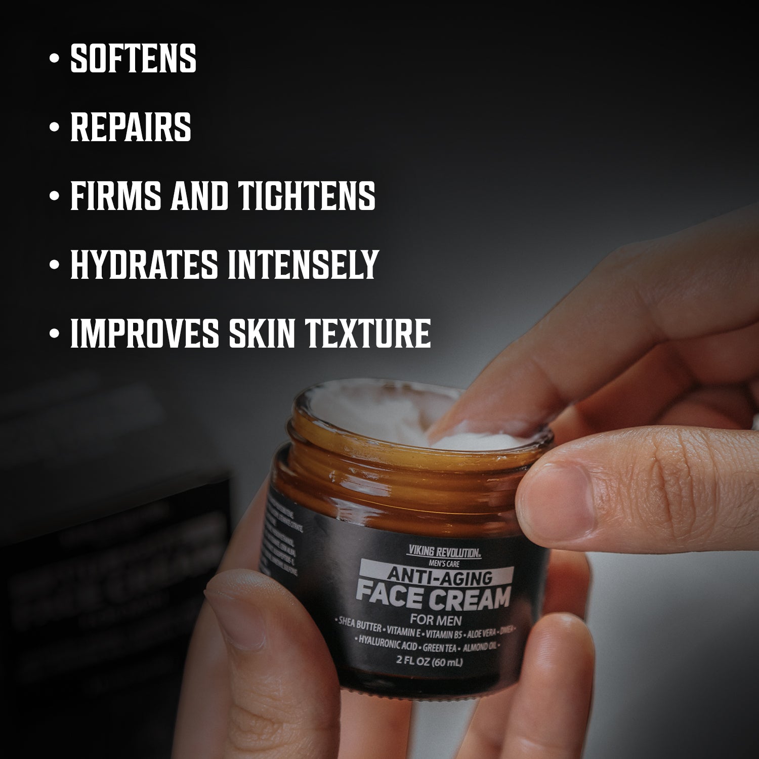 Close-up of hands applying Anti-Aging Face Cream for Men, showcasing softening and firming benefits.