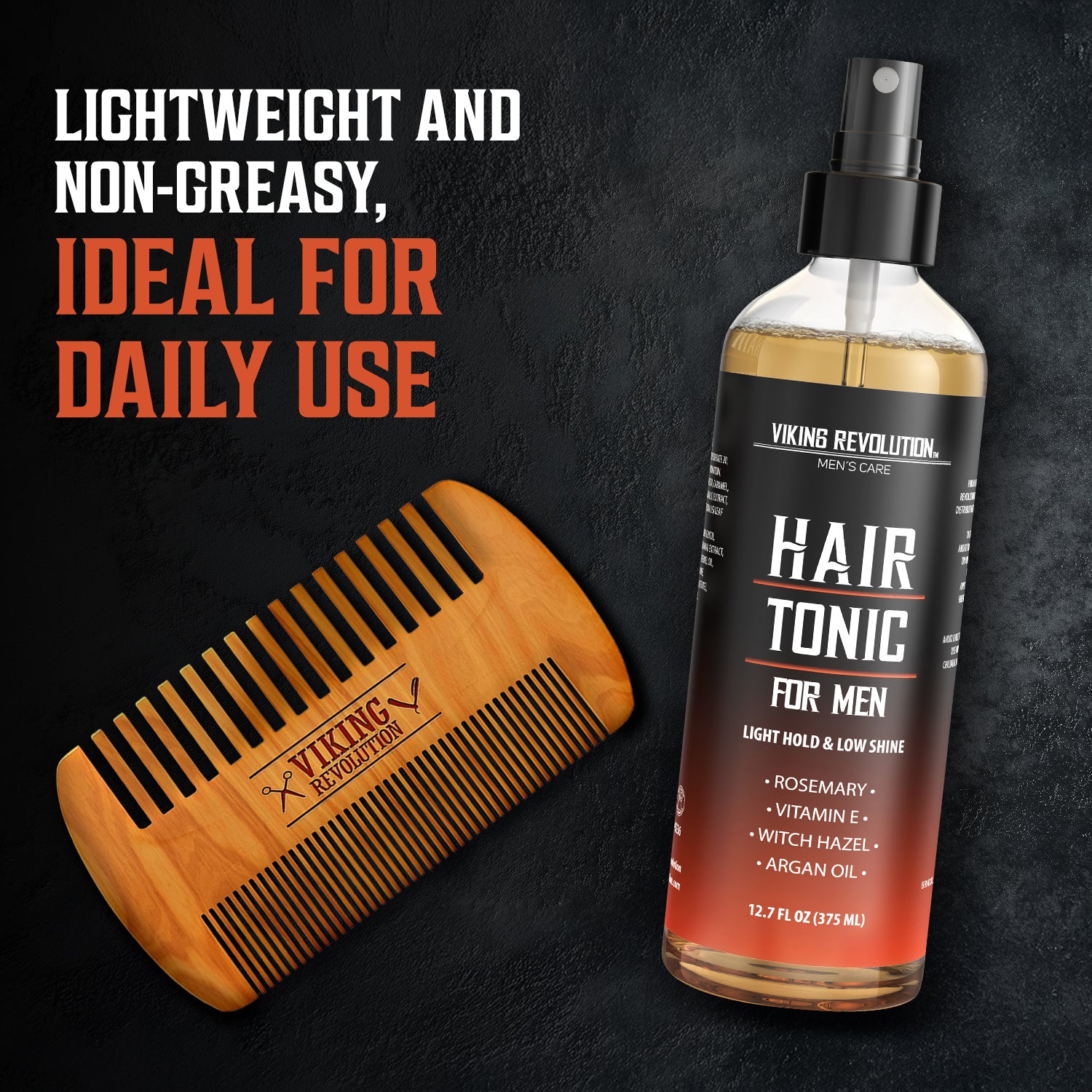 Hair Tonic Men (12.7oz) and wooden comb featured against a dark backdrop with promo text.