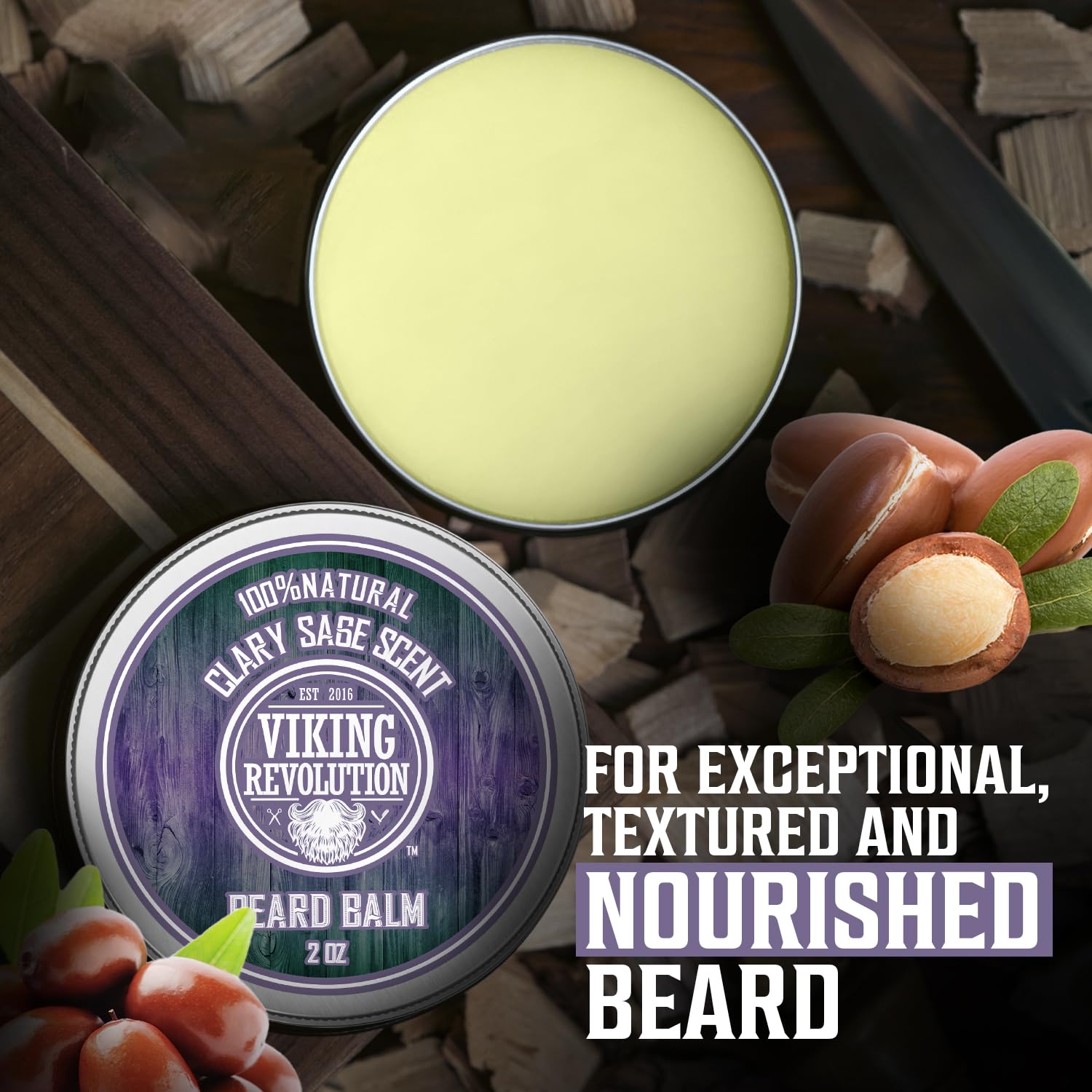 Open Clary Sage Beard Balm (2oz) tin, label visible; text highlights nourished, dandruff-free beard.