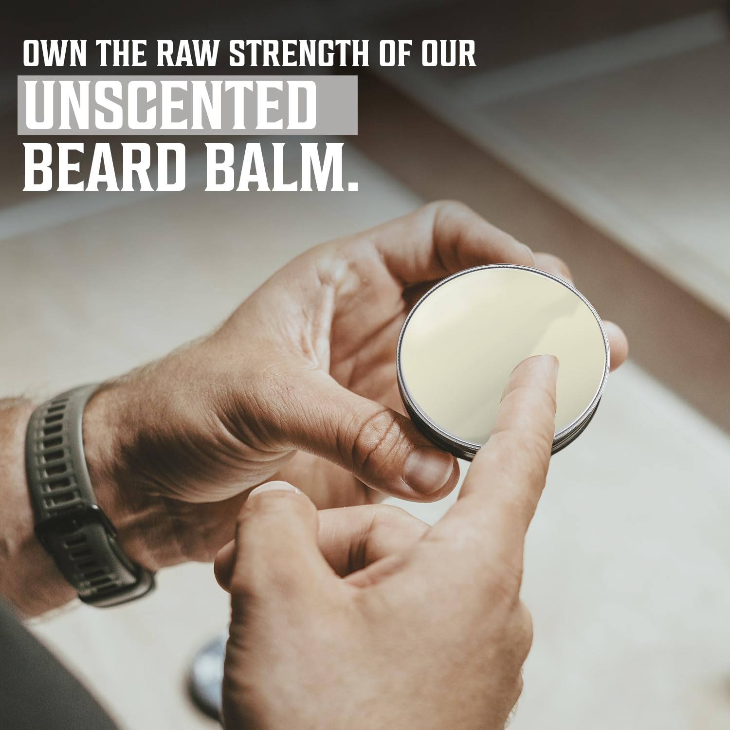 A person applies Unscented Beard Balm (2oz) from a tin, with bold text promoting natural beard care.