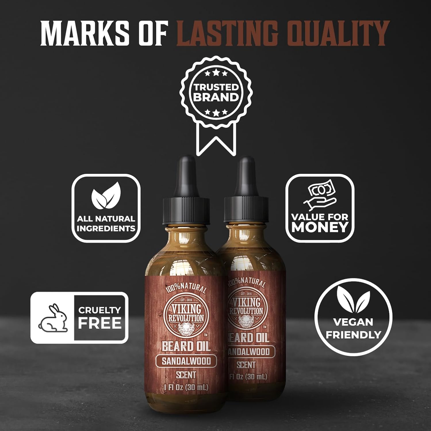 Two bottles of Sandalwood Beard Oil - 2 Pack with quality and ingredient icons surrounding them.
