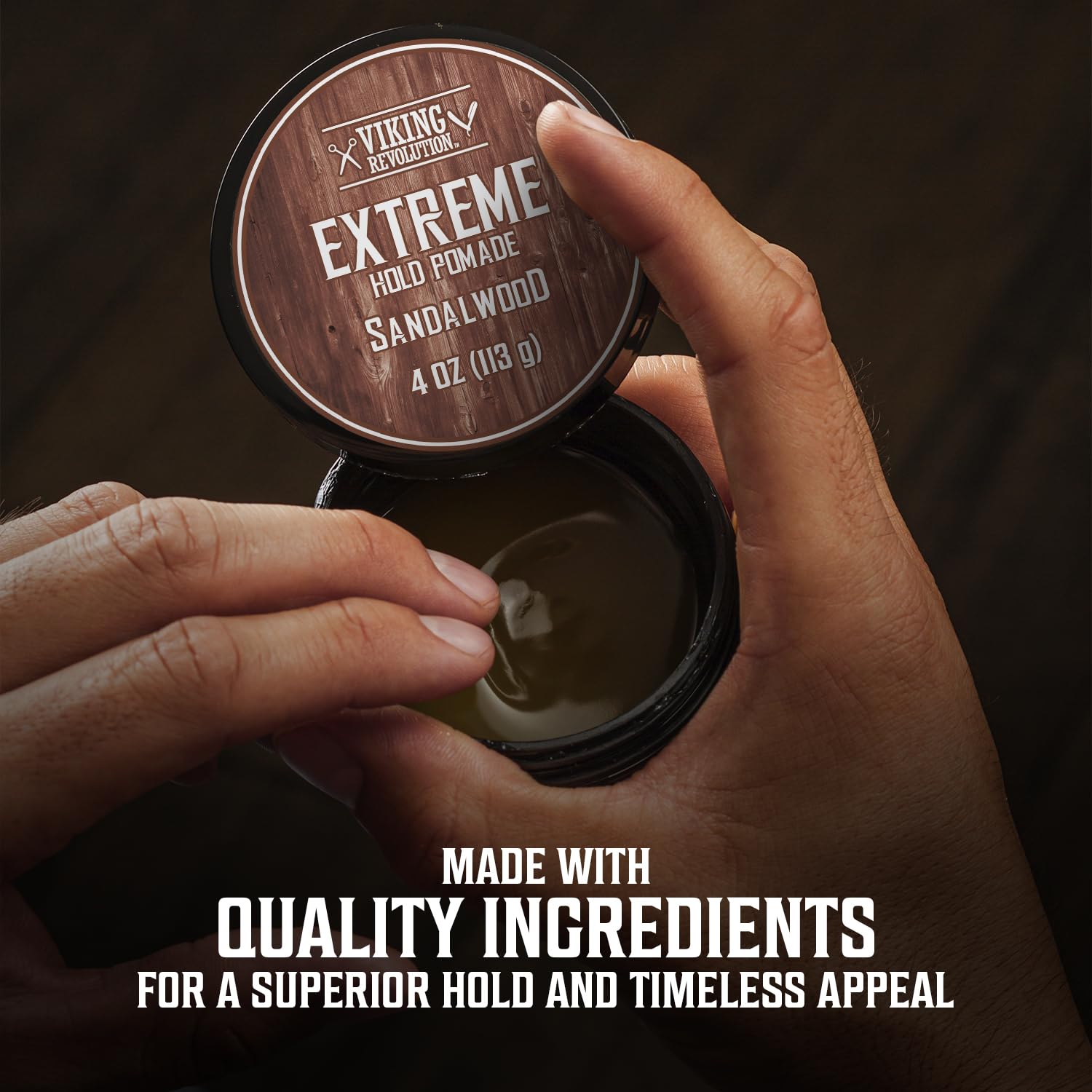 Hands opening a jar of Sandalwood Hair Pomade (4 oz), with "quality ingredients" text below.