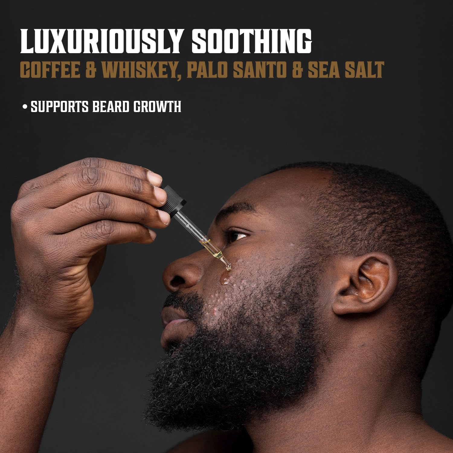 A man applies soothing 3 pack beard oil—Coffee & Whiskey, Palo Santo, and Sea Salt scents.