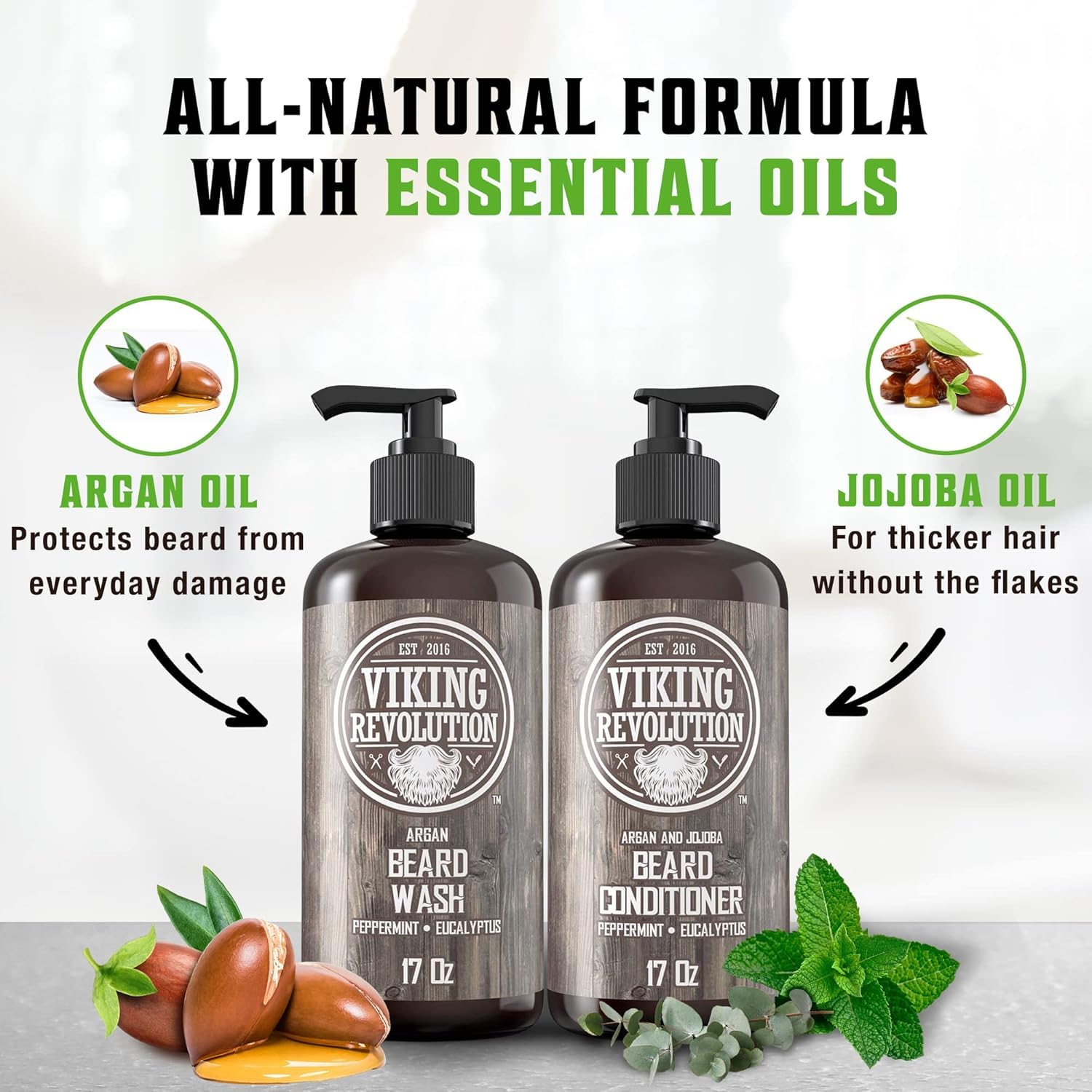 Viking Revolution Peppermint & Eucalyptus Beard Wash & Conditioner Set - 17oz with green leaves.