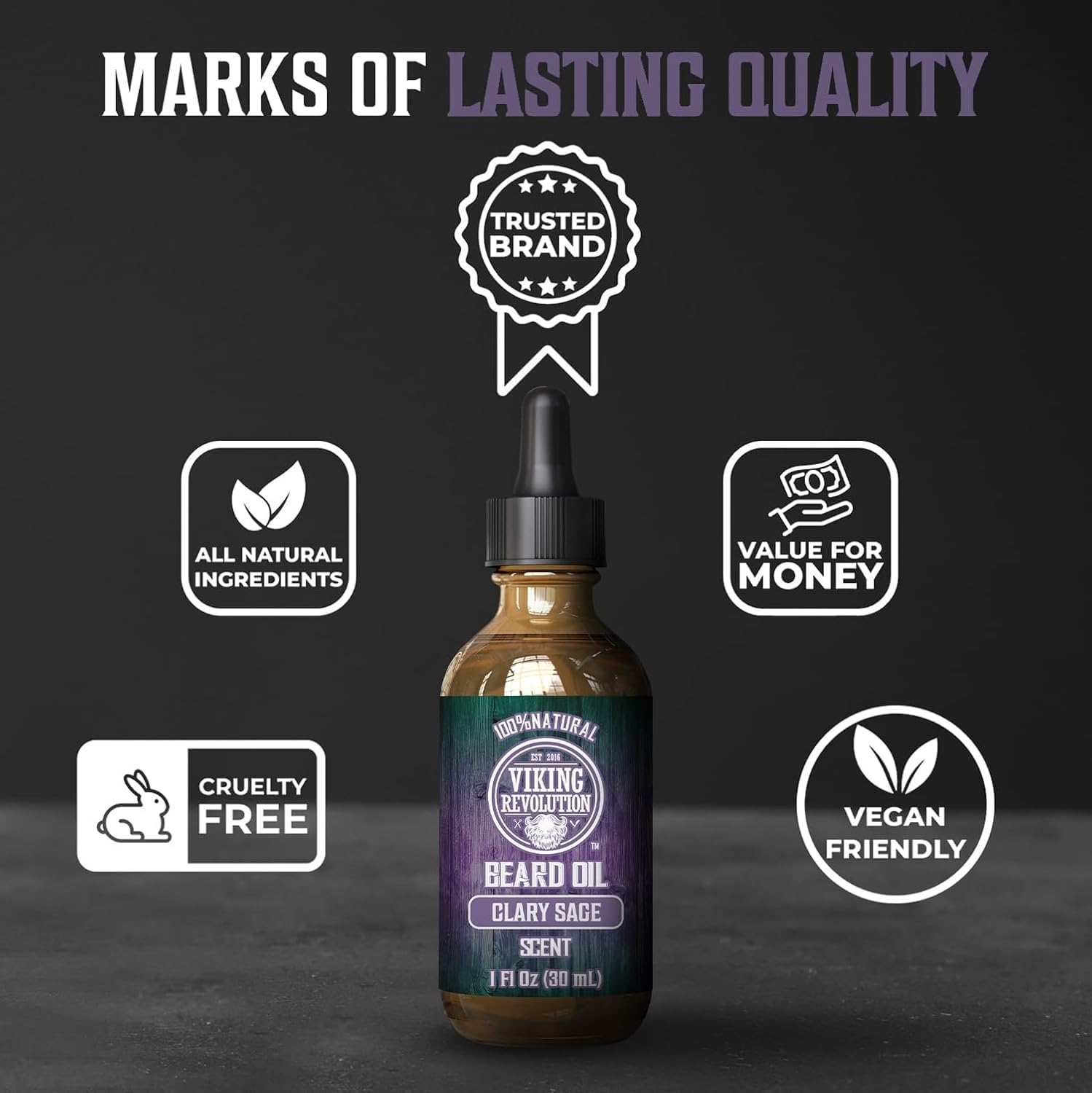 A bottle of Clary Sage Beard Oil with organic jojoba oil and icons for quality and value.