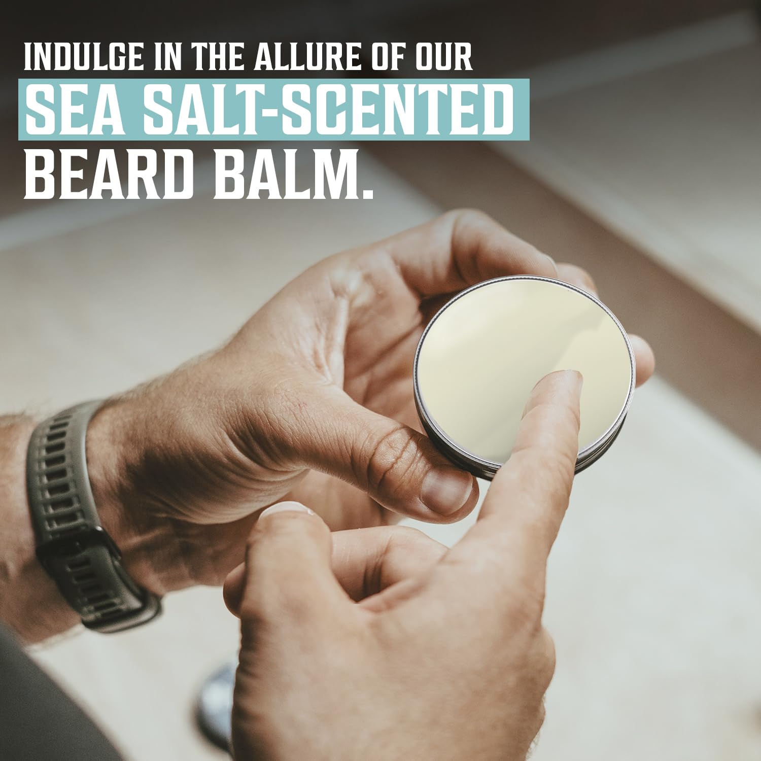 A person opens a tin of Sea Salt Beard Balm (2 oz) with text: Sea salt-scented beard balm.