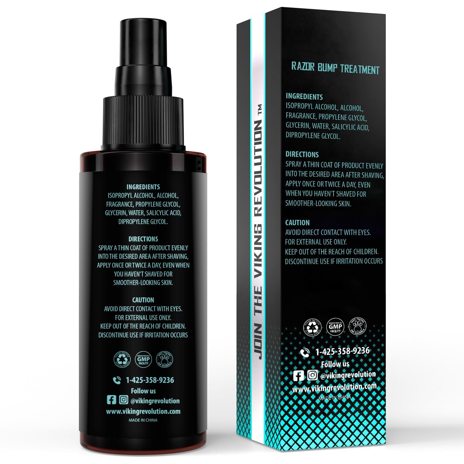 Black bottle and box labeled Razor Bumps Treatment for Men Ingrown Hair Removal with usage details.